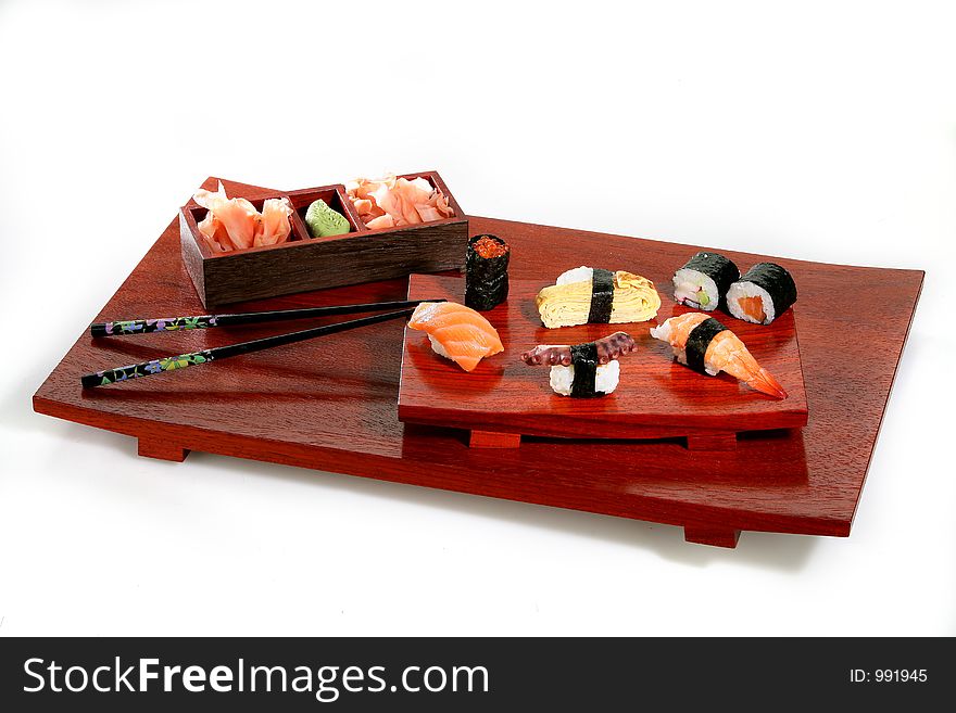 Sushi platter on white background