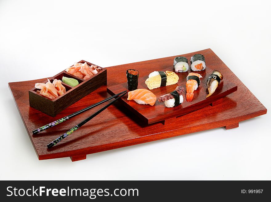 Sushi platter on white background