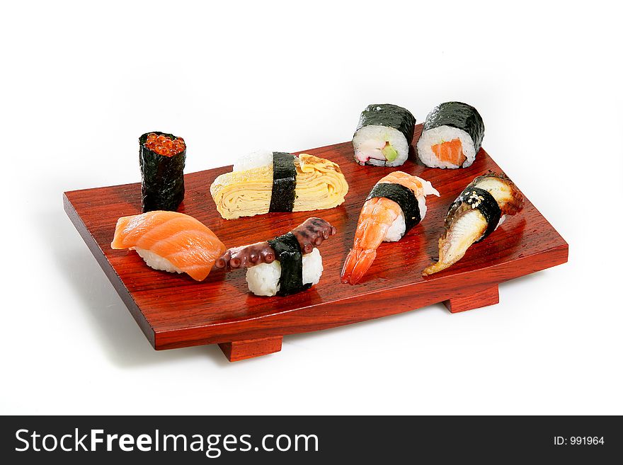 Sushi platter on white background