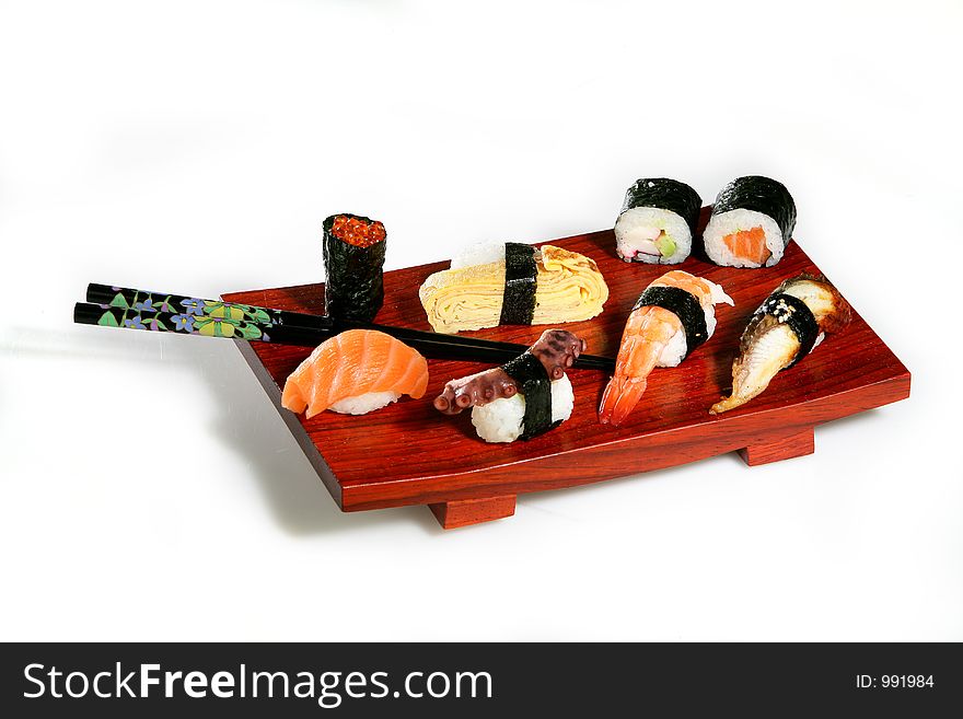 Sushi platter on white background