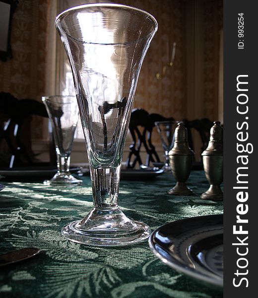 A table set for dinner or other formal event. A table set for dinner or other formal event.