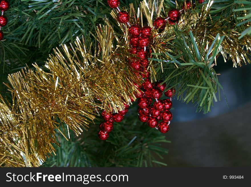 Gold garland and red beads help decorate a Christmas Tree. Gold garland and red beads help decorate a Christmas Tree