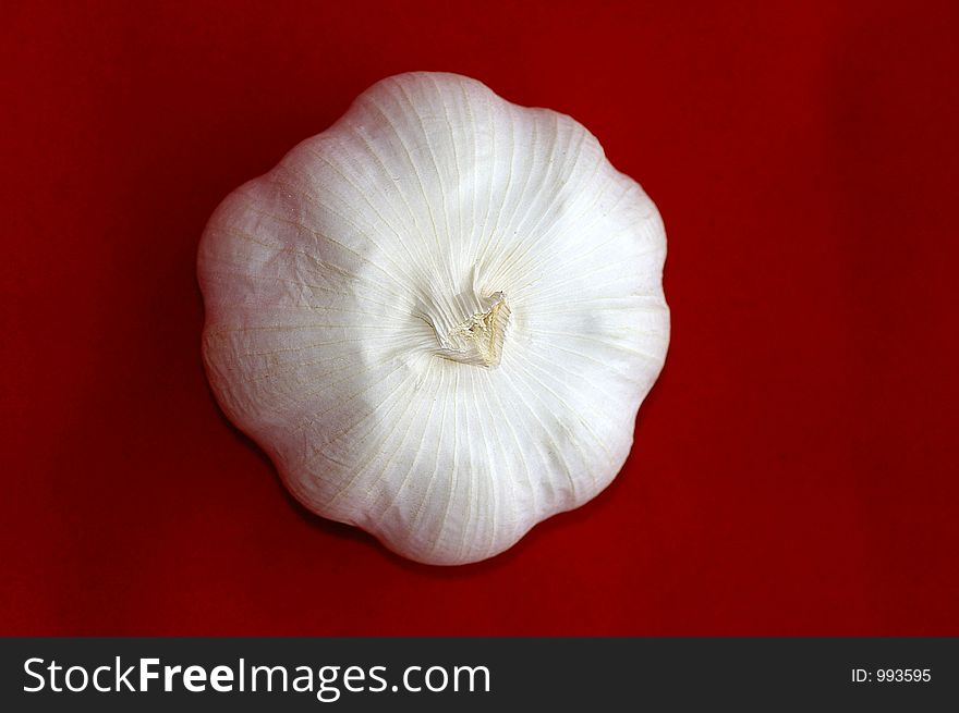 Closeup of the top of a garlic bulb against a red background. Closeup of the top of a garlic bulb against a red background