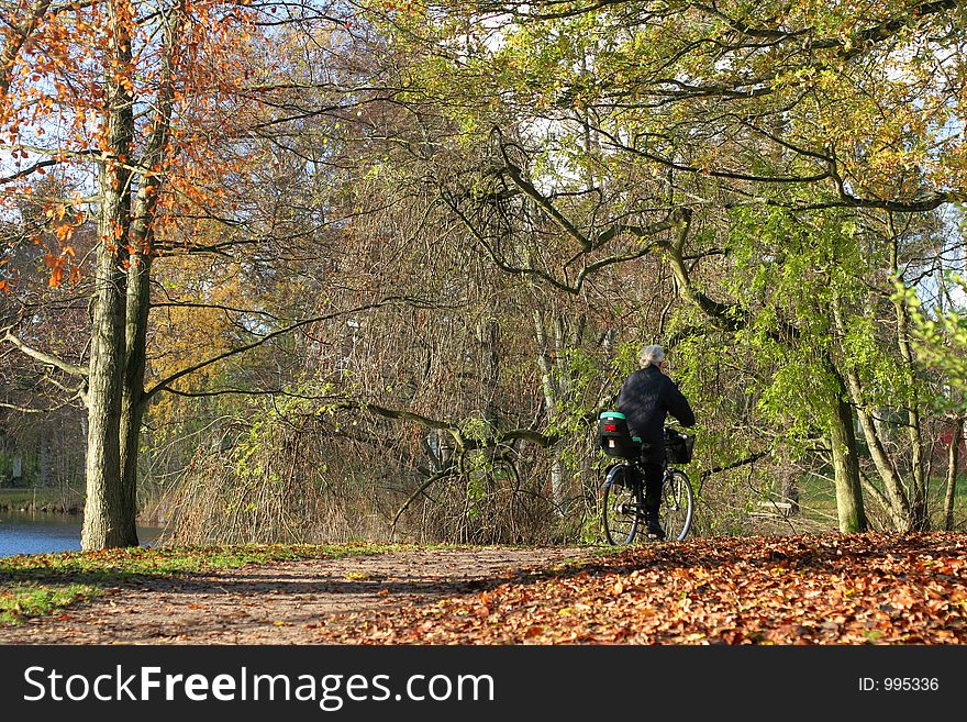 Lady on a cycle in autumn in the countryside  in denmark. Lady on a cycle in autumn in the countryside  in denmark