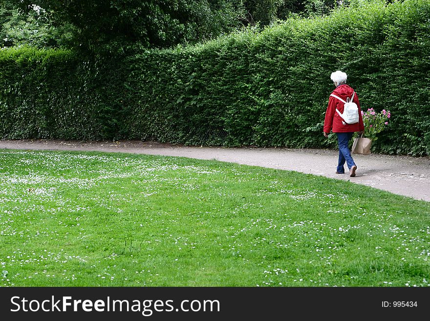 Old lady with flowers in red in a park. Old lady with flowers in red in a park