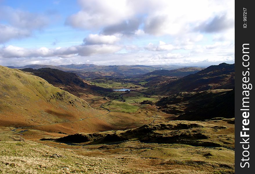 View from the top of Hardknott pass in Cumbria, UK.