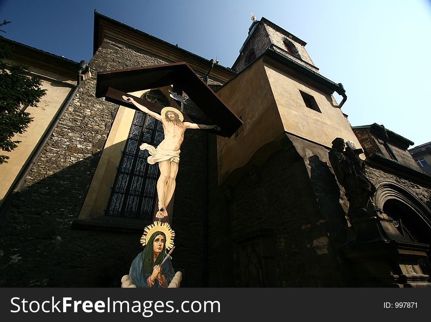 Automn in prag in tcheck republic, church with jesus on the cross