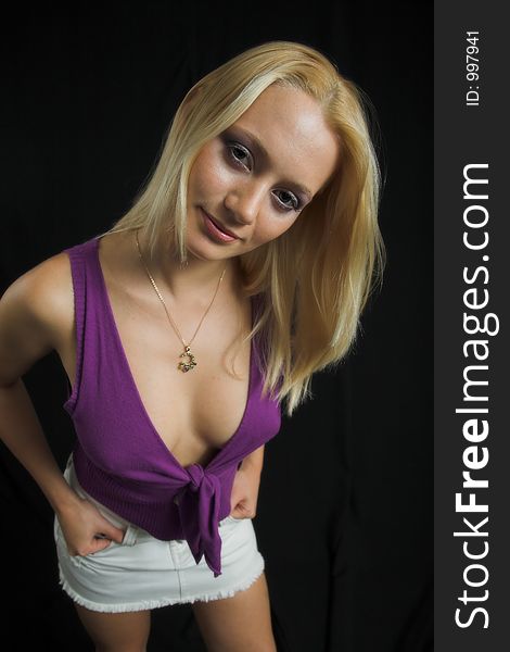 Attractive Blond Model On Black Background - Violet Top