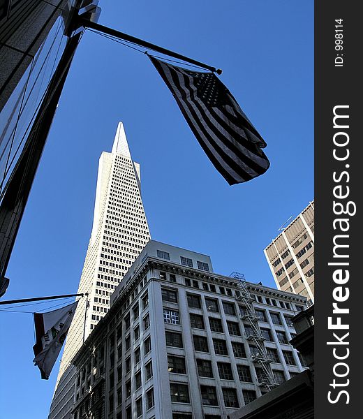 View of skiscraper Transamerica in San Francisco financial district