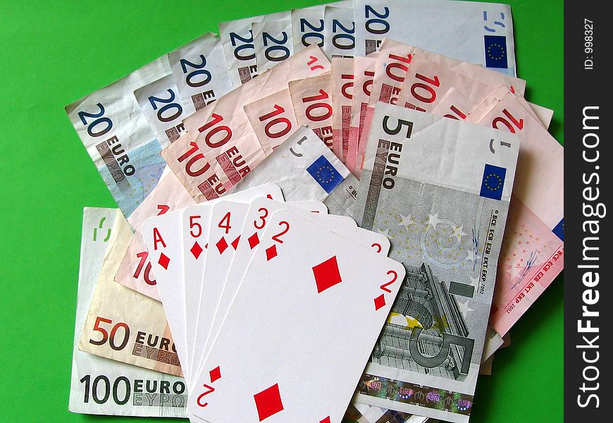 Straight flush (2,3,4,5,A) diamond; money 10, 20, 50, 100 euro; green backgroud. Straight flush (2,3,4,5,A) diamond; money 10, 20, 50, 100 euro; green backgroud