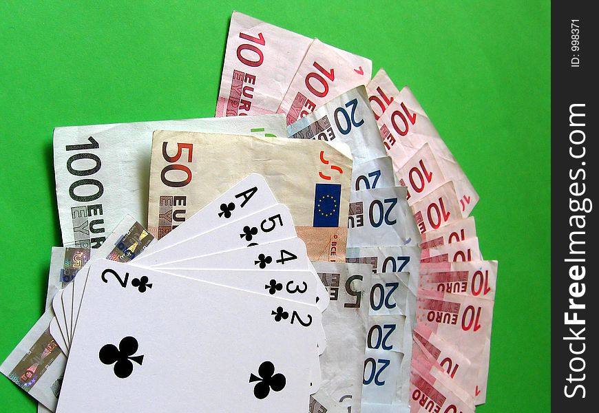 Straight flush (2,3,4,5,A) club; 
money 10, 20, 50, 100 euro; 

green backgroud. Straight flush (2,3,4,5,A) club; 
money 10, 20, 50, 100 euro; 

green backgroud