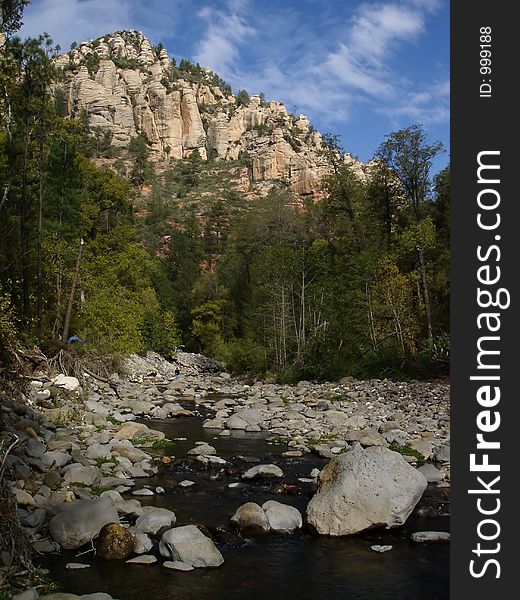 A view up a creek of Sedona mountains.