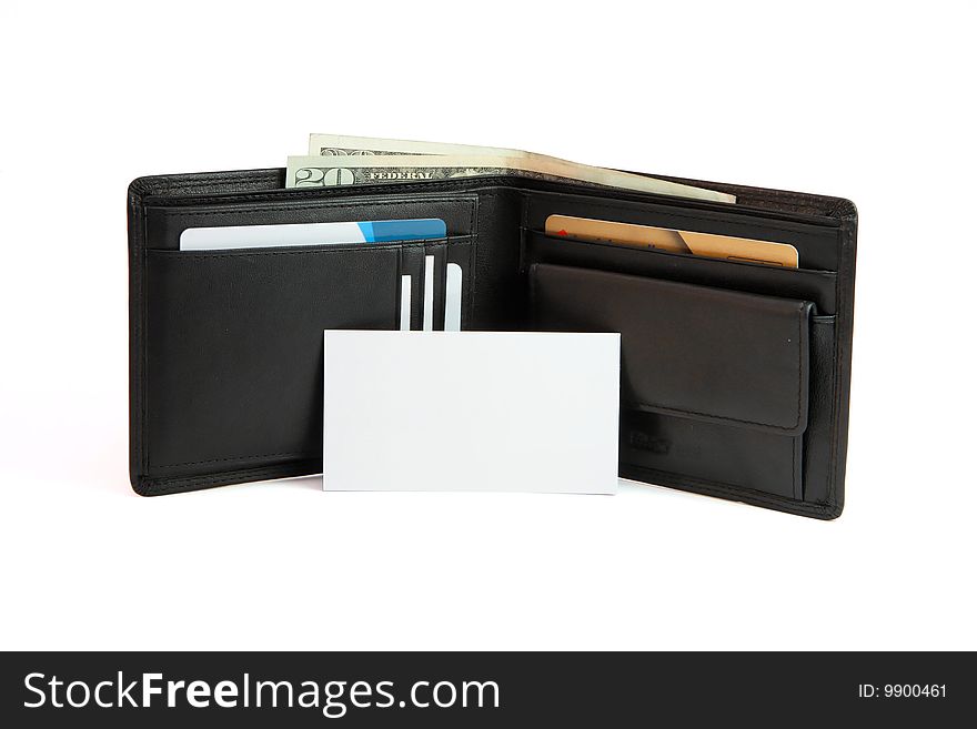 Business Card In Front Of Black Wallet Isolated