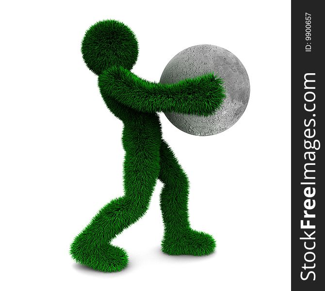 3D man holds moon isolated on white.