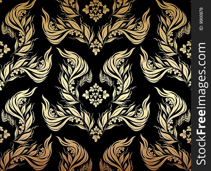 Vector decorative golden seamless floral ornament on a black background