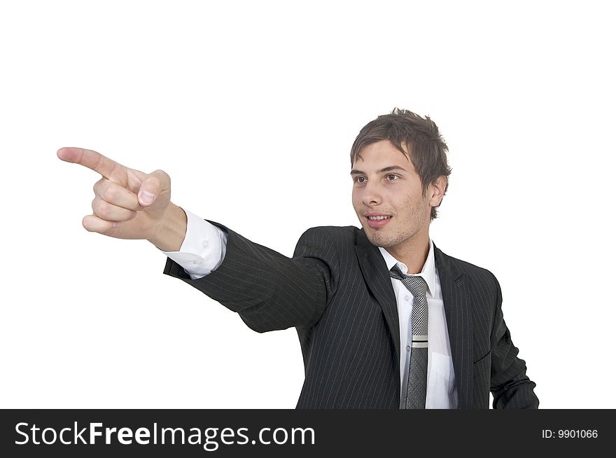 Young man in suit pointing his finger. Young man in suit pointing his finger