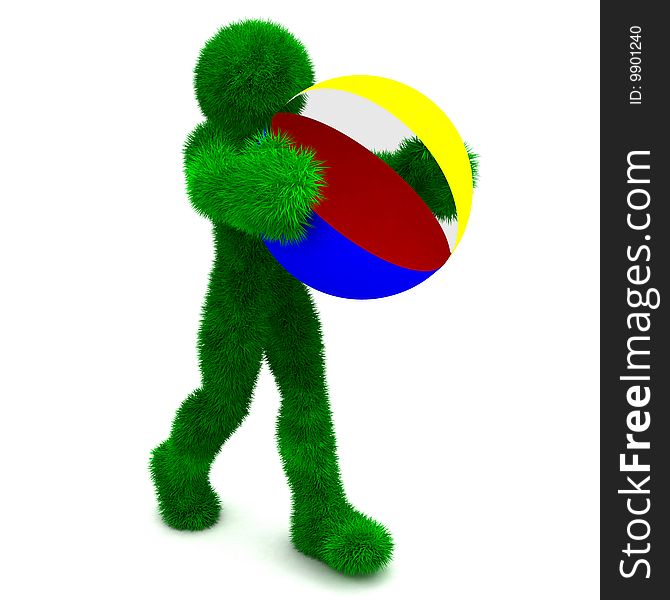 3D man holds the beach ball isolated on white.