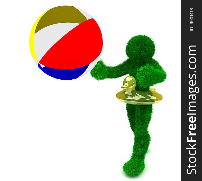 3D man holds the beach ball isolated on white.