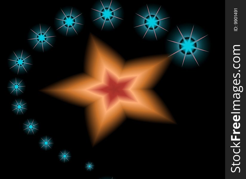 Orange star on black backgrund and many stars. Orange star on black backgrund and many stars