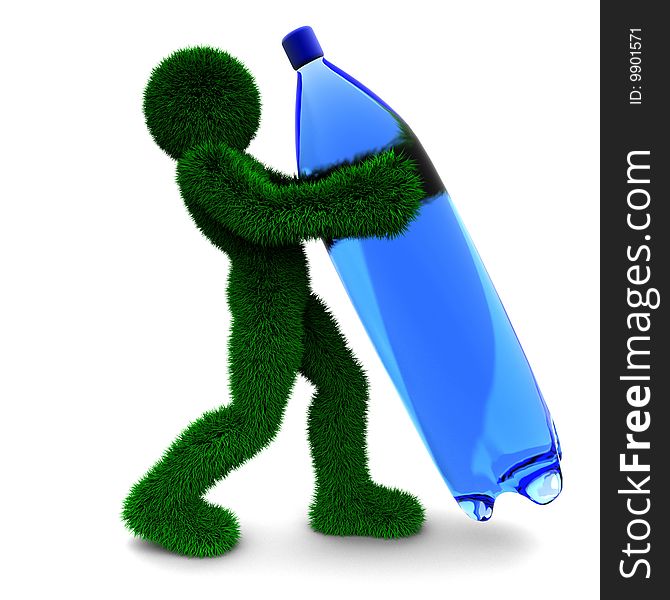 3D man holds bottle isolated on white.