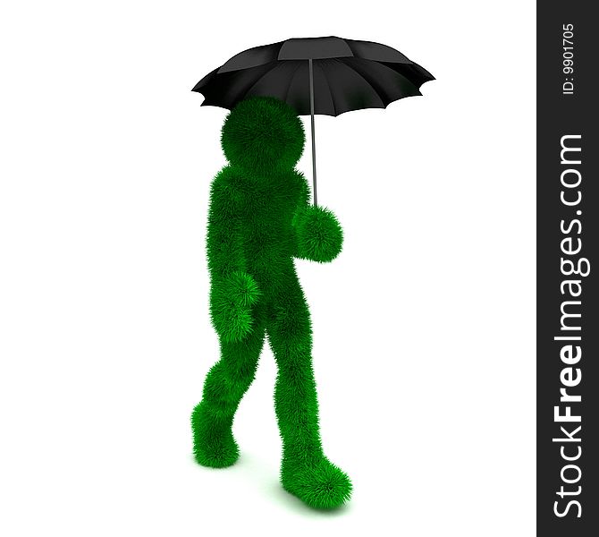 3D man holds an umbrella isolated on white.