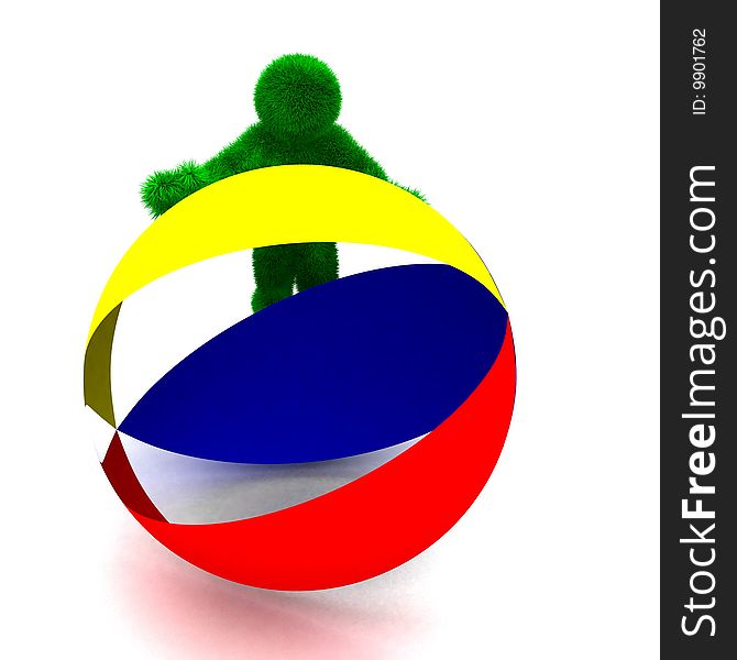 3D Man Holds The Beach Ball Isolated On White.