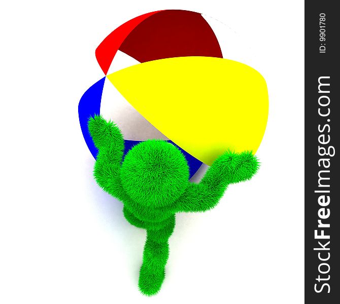 3D man holds the beach ball isolated on white.
