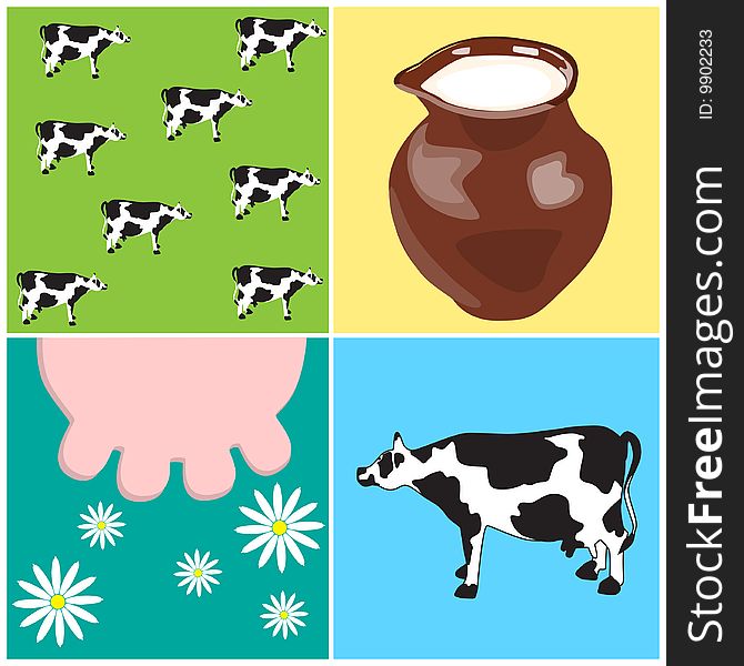 Collage with cow, milk in pitcher, udder and daisywheel. Collage with cow, milk in pitcher, udder and daisywheel
