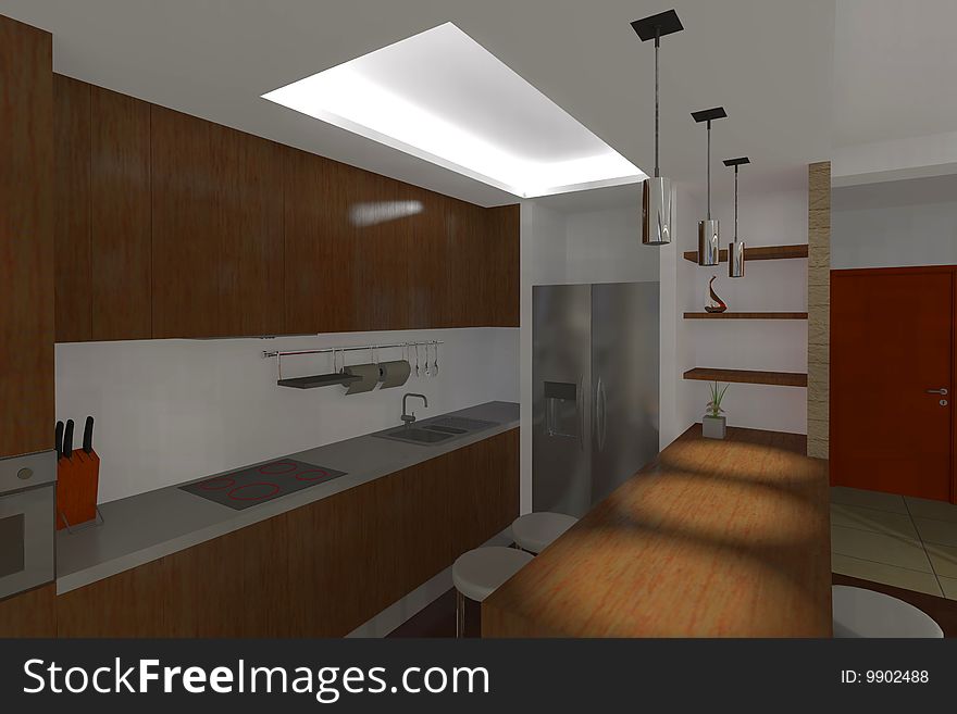 Modern kitchen 3d rendering