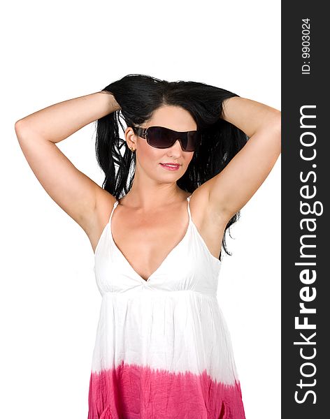 Beauty woman holding up her long black hair and wearing sunglasses and summer dress isolated on white background,check also. Beauty woman holding up her long black hair and wearing sunglasses and summer dress isolated on white background,check also