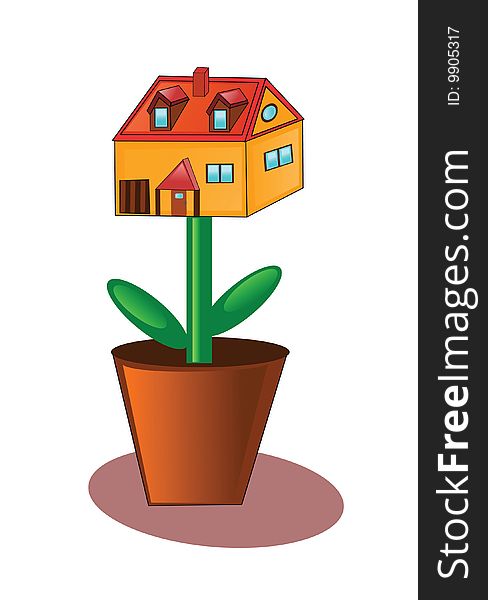 House growing in flowerpot. Vector illustration.