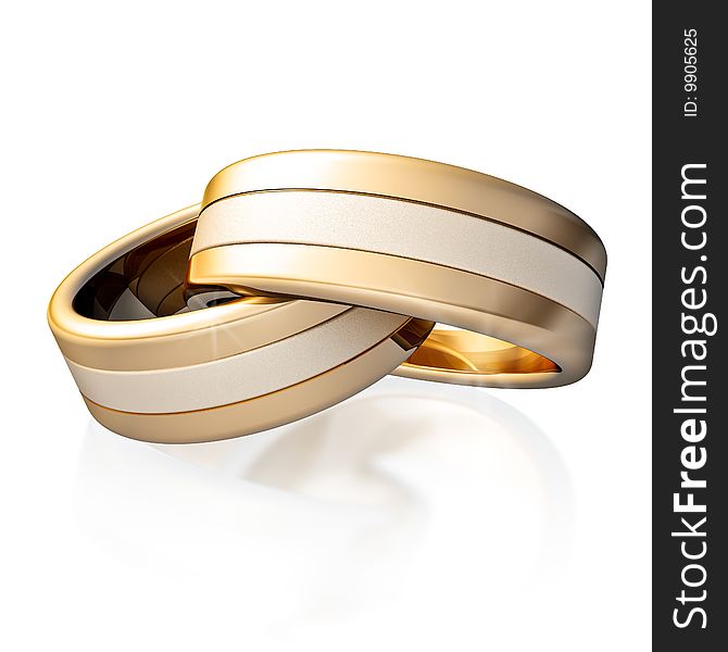 Golden wedding rings on white background. 3D. Golden wedding rings on white background. 3D