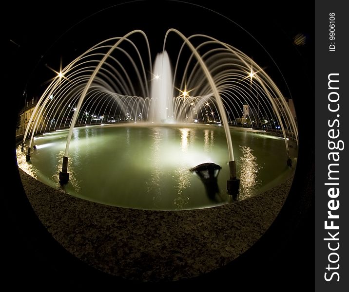 Beautiful fountain at night with wide angle