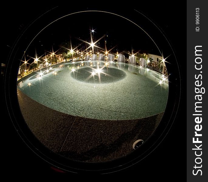 Beautiful fountain at night with wide angle