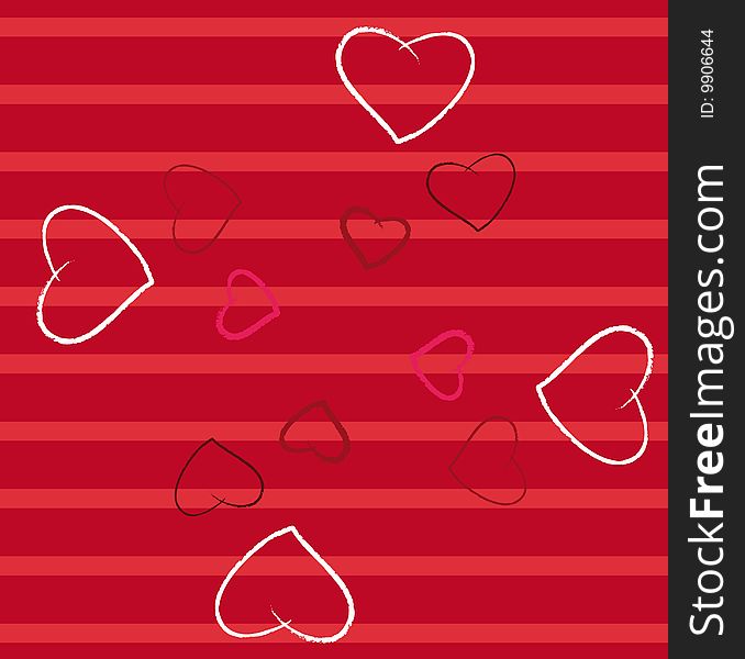 Red striped background decorated with red and white hearts. Red striped background decorated with red and white hearts