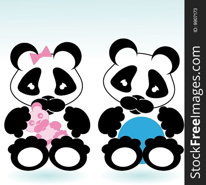 Cartoon style panda boy and girl with toys