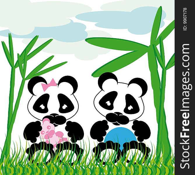 Sweet panda cuddles with bamboo grass and cloud background