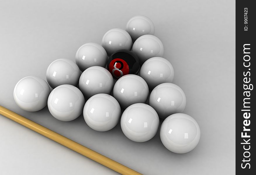 3Ð² model three billiard balls and cue