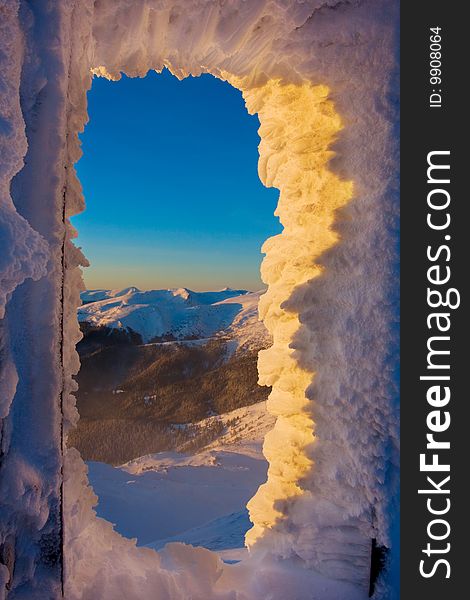 Castle in winter in Carpathian mountains