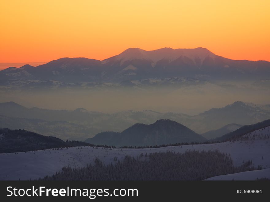 Beautiful sunset over Carpathian mountains