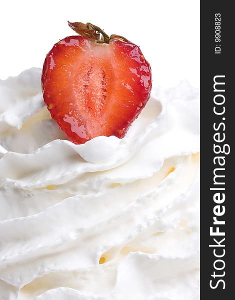 Strawberries in cream on a white background