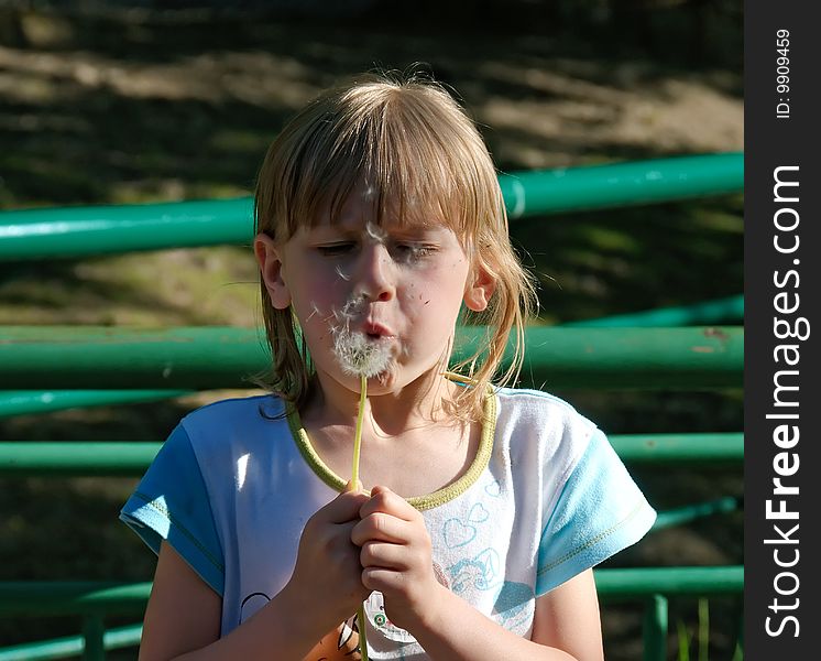 One young girl blowing Dandelion