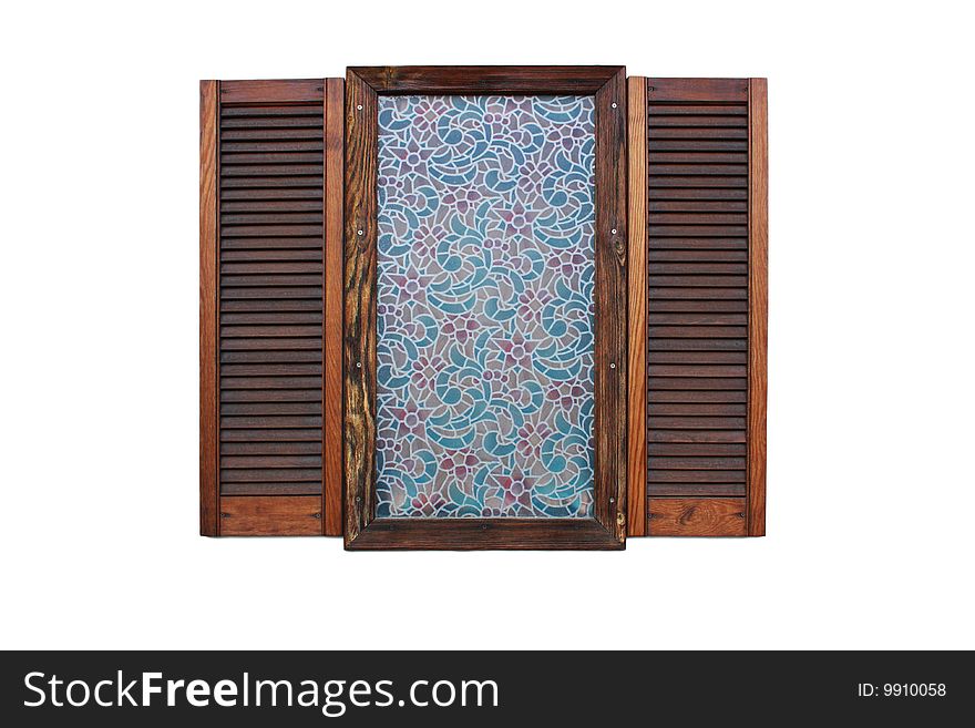 Antique window with wooden shutters on a white background. Antique window with wooden shutters on a white background