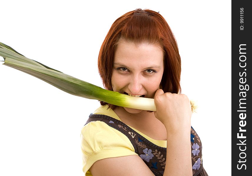 Woman eating vegetables on white background