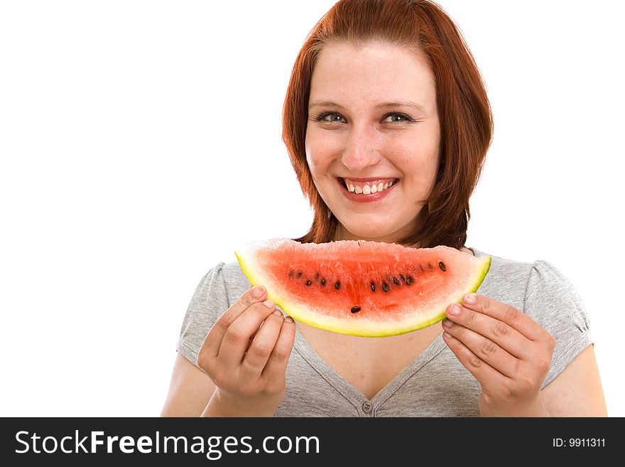 Woman eating water melon on white  background