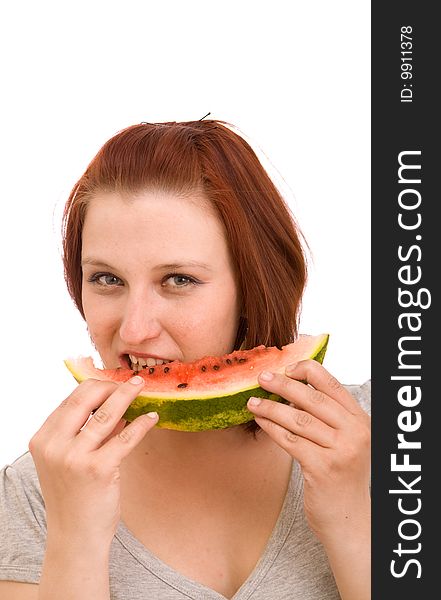 Woman eating water melon on white  background