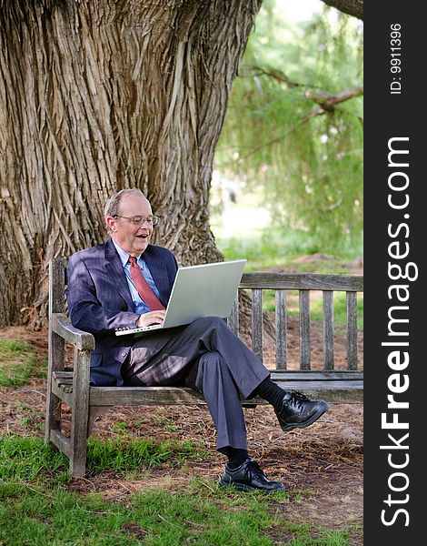 An excited man looks at his laptop on a park bench