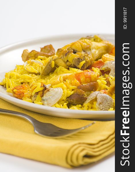 Delicious seafood paella and chicken rice yellow