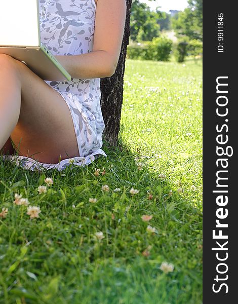 Young woman with laptop sitting in meadow. Young woman with laptop sitting in meadow