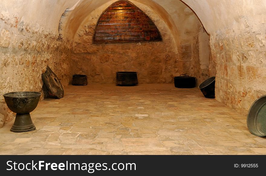 Hall of an ancient bath and ancient bath accessories